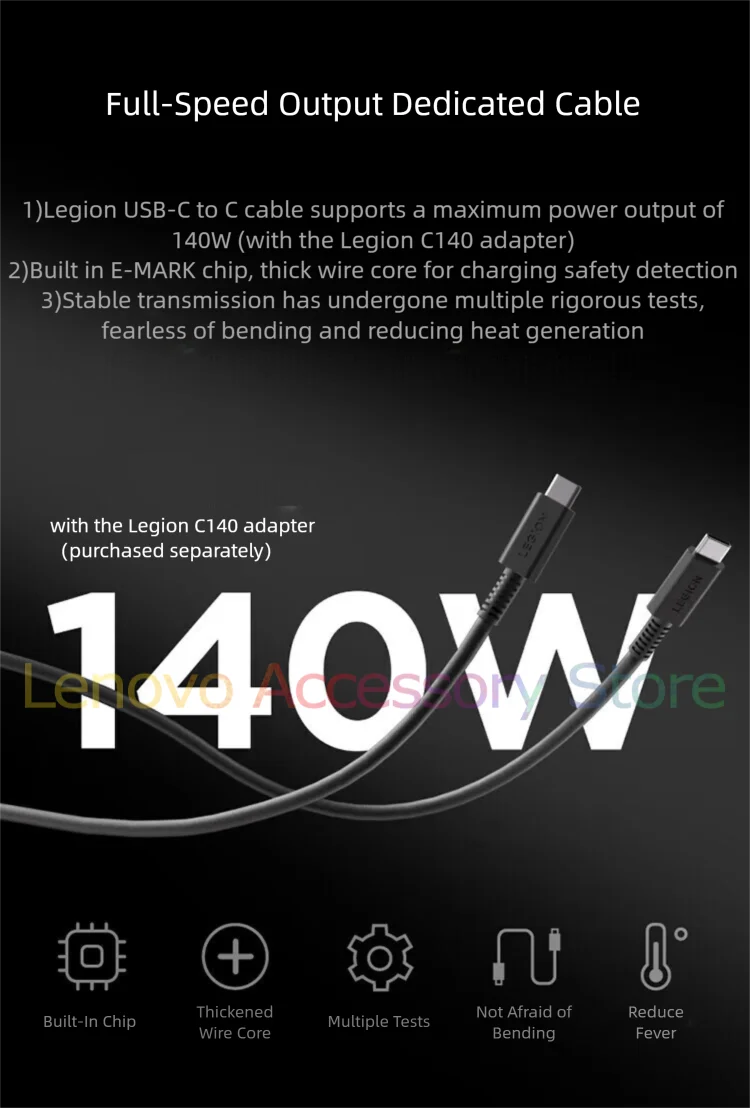 Оригинальный кабель Lenovo Legion USBC — USB-C для передачи данных для Lenovo GaN C140, адаптер 140 Вт, 1,5 м, чип E-MARK, быстрая зарядка, обнаружение безопасности