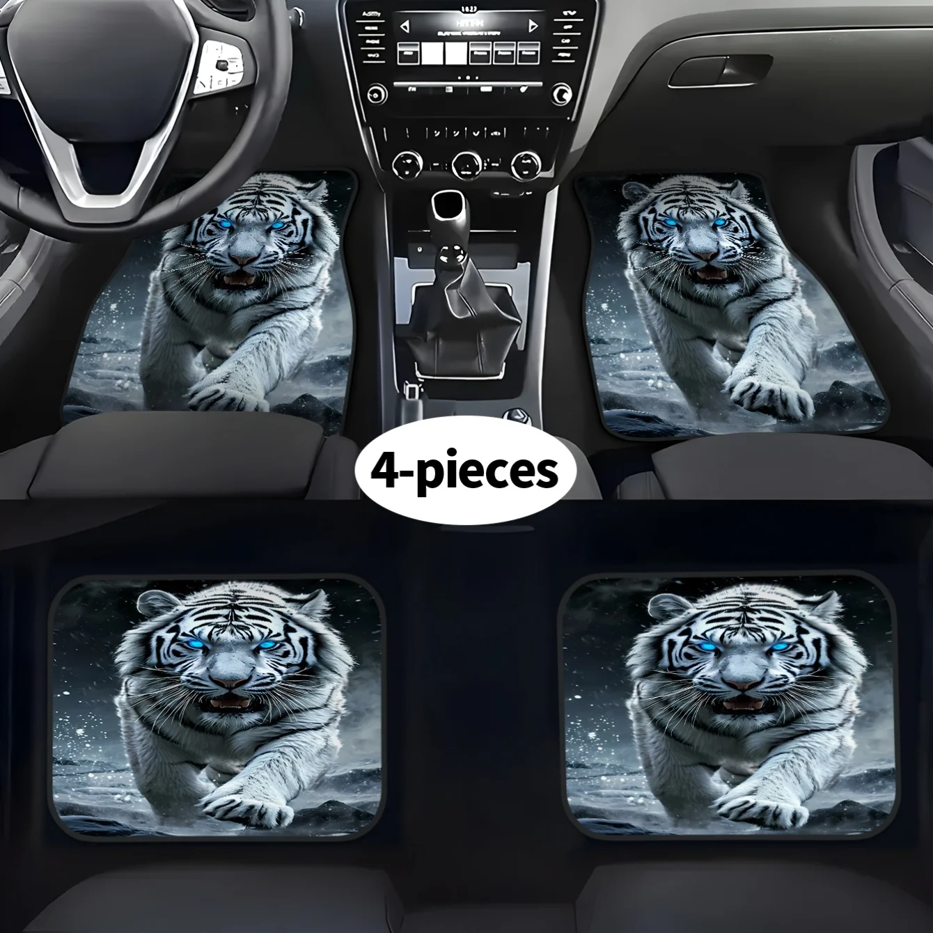 4pcs High-End White Tiger Print Car Floor Mats | Front And Rear Carpet, Stylish Minimalist Polyester Floor Mat Set For Car Inter