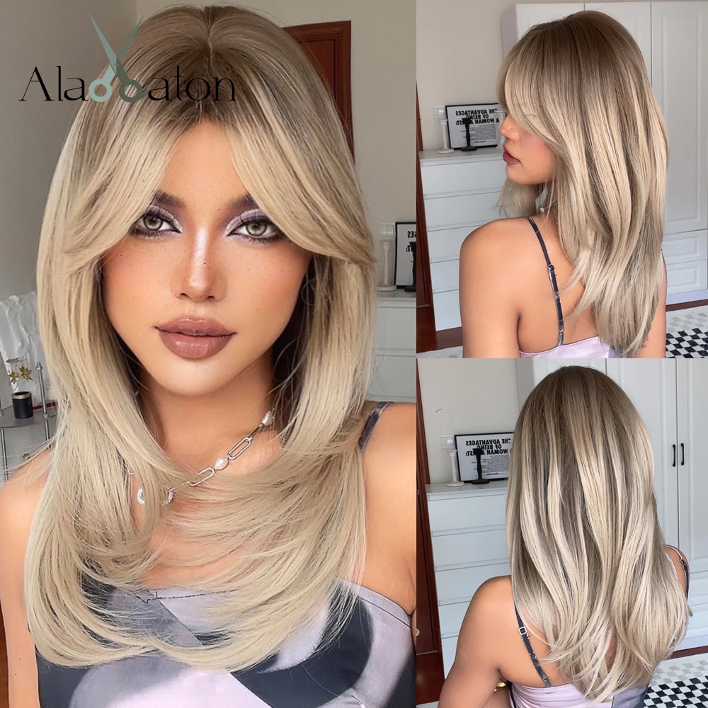 

ALAN EATON Long Wave Synthetic Wigs for Women Brown Blonde Layered Synthetic Wigs with Bangs Daily Cosplay Hair Heat Resistant