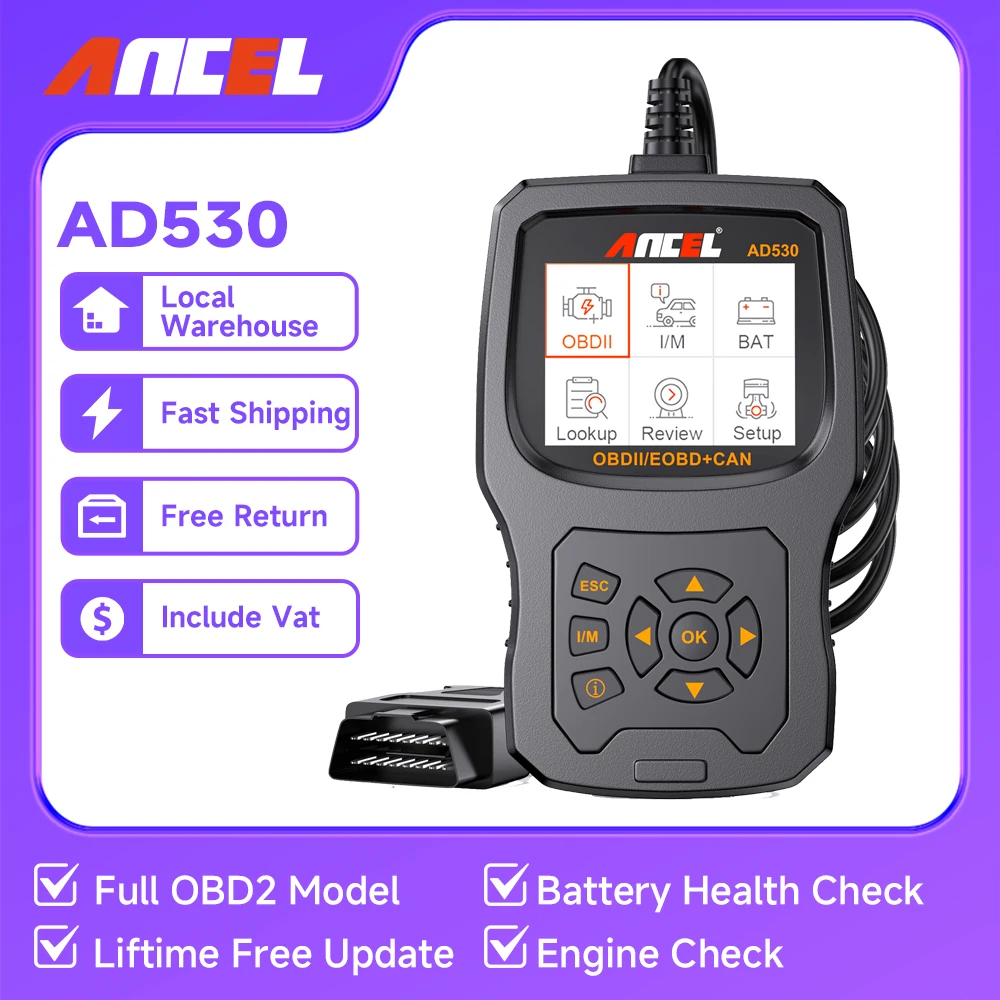 

ANCEL AD530 OBD2 Scanner Battery Check Full OBD2 Function Smoke Check EOBD OBD Code Reader Turn off Engine Light Automotive Scan