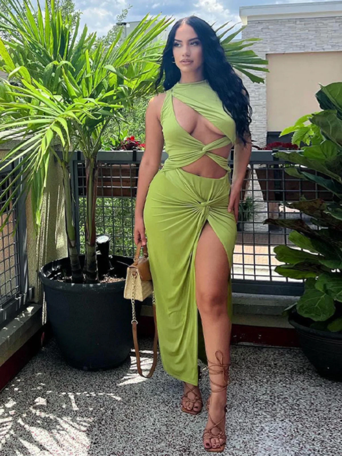 ラウンドネックカットアウトイレギュラードレス、ホローアウトロングAラインスカート、レディースサマースプリングオータムポリエステルファイバーノースリーブドレス