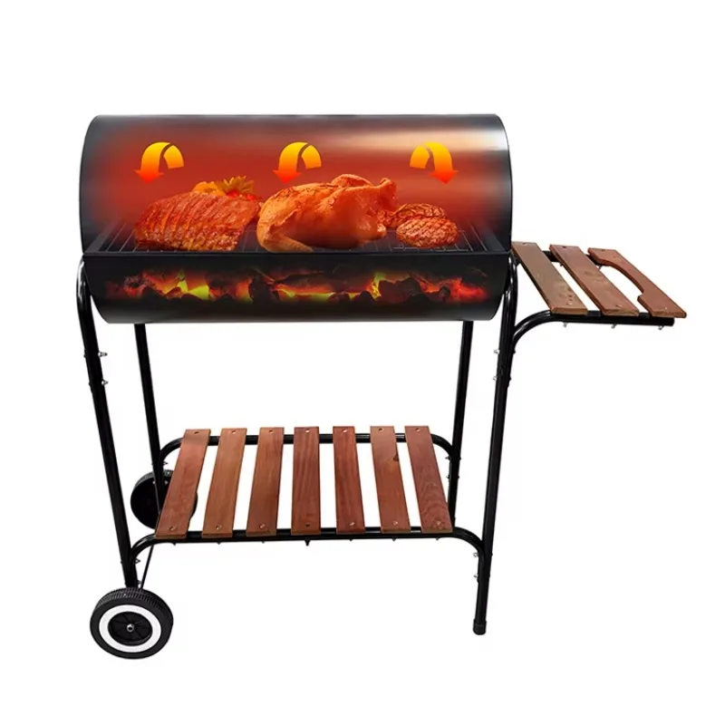 Portable Steel Folding BBQ Grill Barrel-Shaped Charcoal Grill with Wheels Outdoor Kitchen Island Barbecue Stove