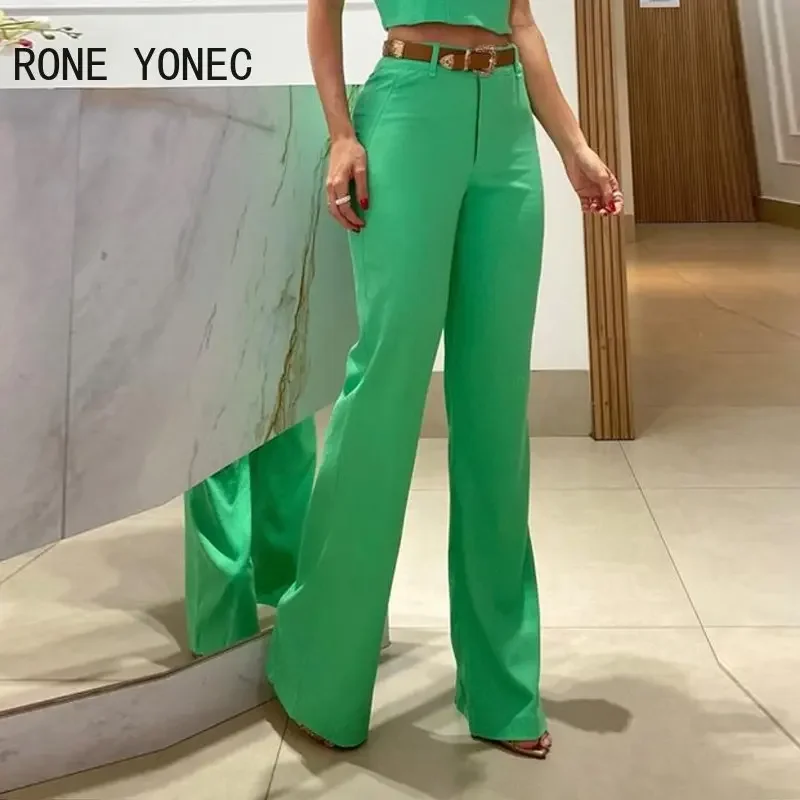 Women Fashion Solid Double Thick Straps Sleeveless Crop Top Long Straight Leg Pants Sets