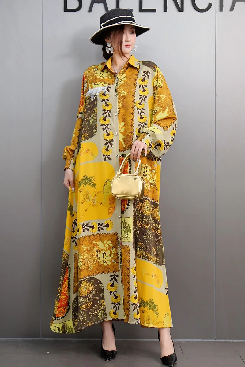 2025 Spring New Fashion Elegant Printed Loose Shirts Long Dress Women Long Sleeve Dress Female Wholesale J722