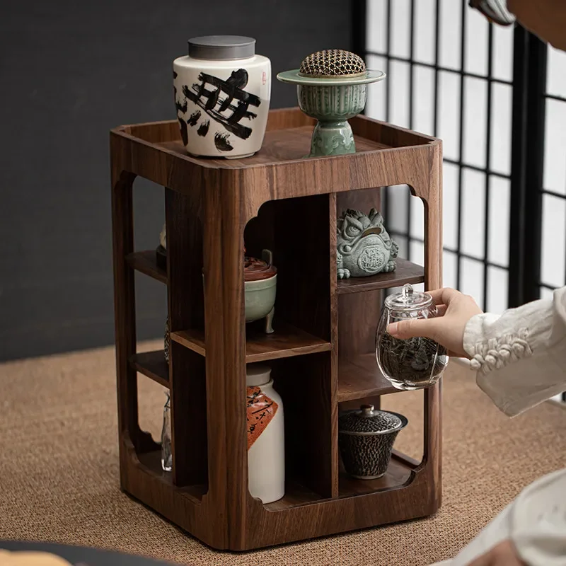 Rotating Walnut Solid Wood Tea Set Rack Small Desktop Storage Organizer for Teapot Cup Display Cabinet Home Decor Shelf Unit