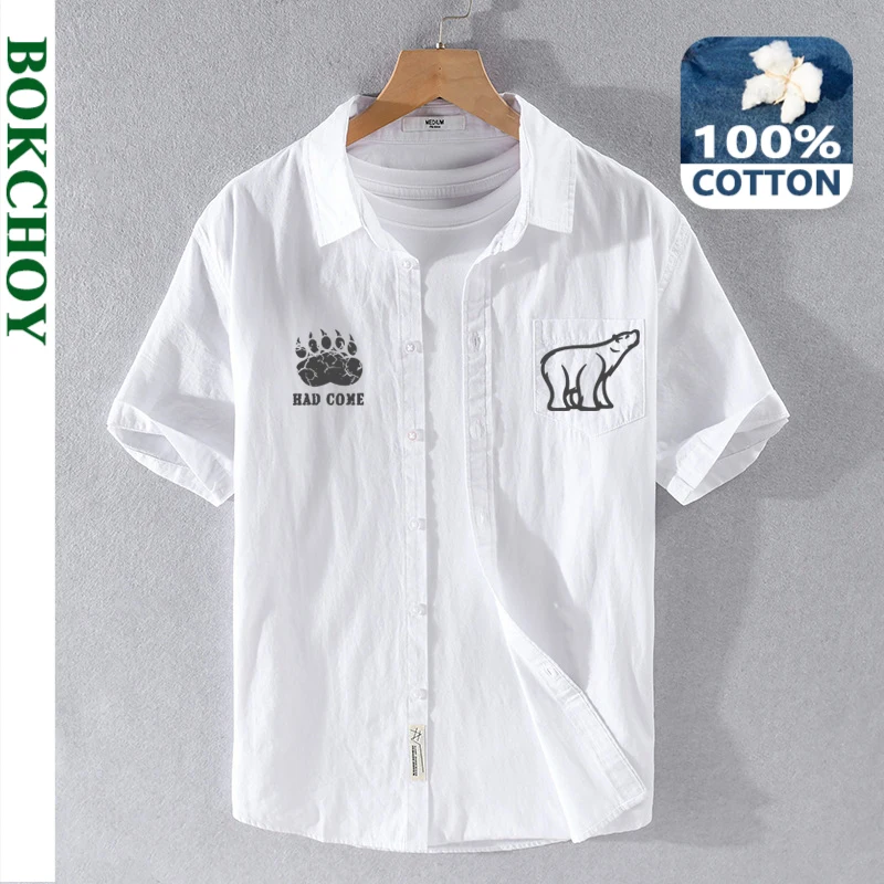 2024 Summer New 100% Cotton Bear Printed Casual Shirts for Men Thin and Slim Short Sleeve Shirts BOK3101