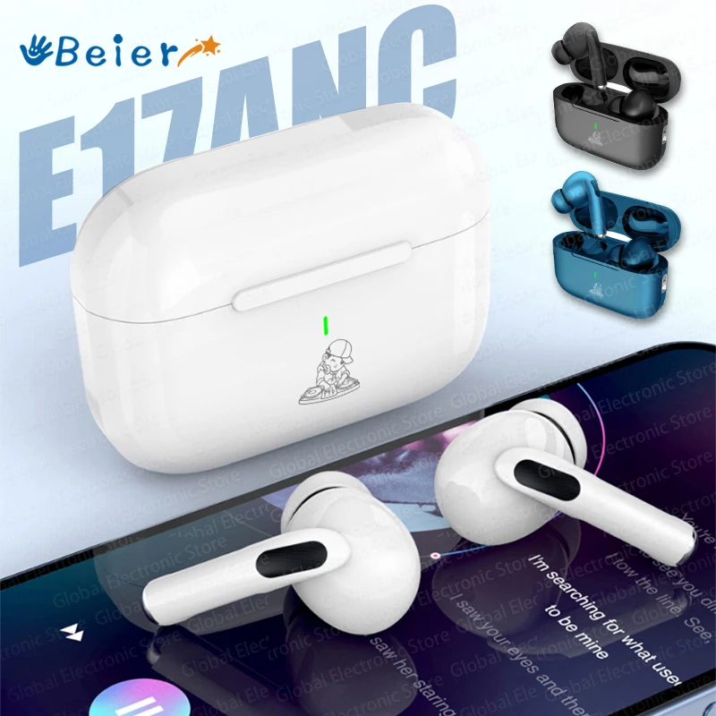 Beier-TWS E17ANC Fones de Ouvido Sem Fio Bluetooth 5.3 Cancelamento de Ruído, Impermeável Esportes Headest, Fones de Ouvido com Microfone