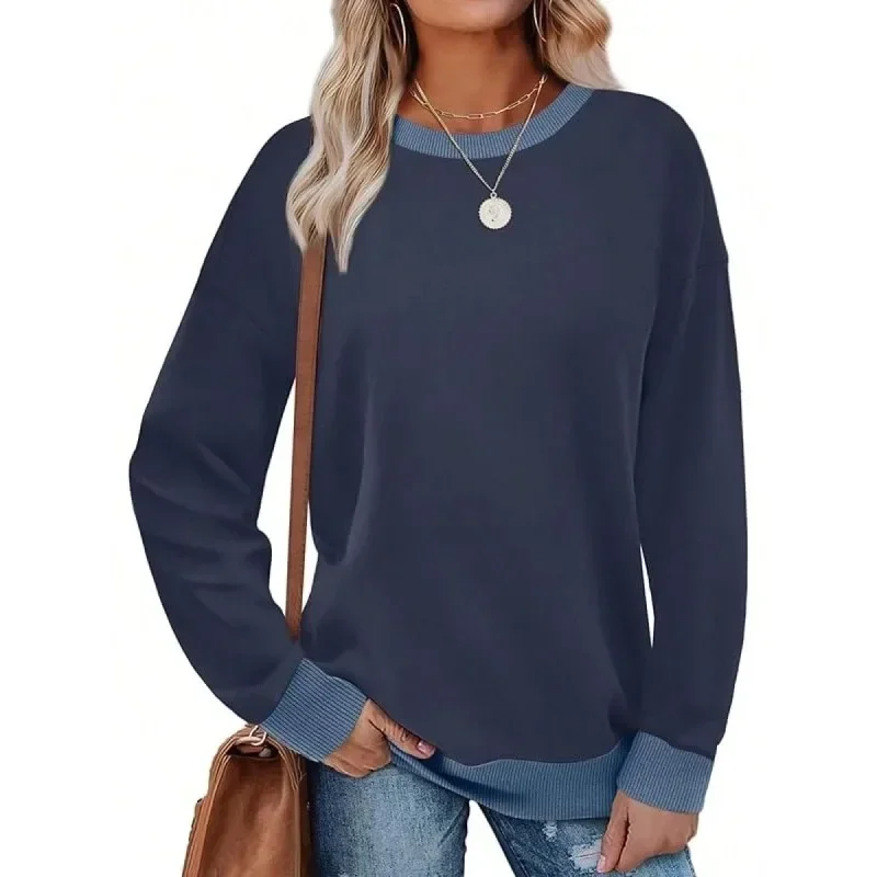European and American Autumn Fashion Ribbed Trim T-Shirt Color-Blocked Women's Round Neck Long Sleeve Loose Top