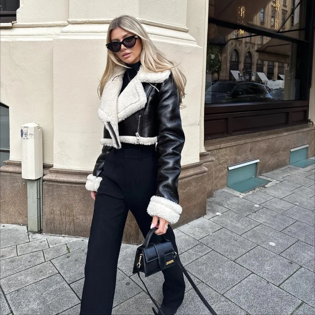 秋冬 ブラックレザー ホワイトヘア ショート モーターサイクルジャケット ガールズ ストリートスタイル ホットトレンド アウターウェア