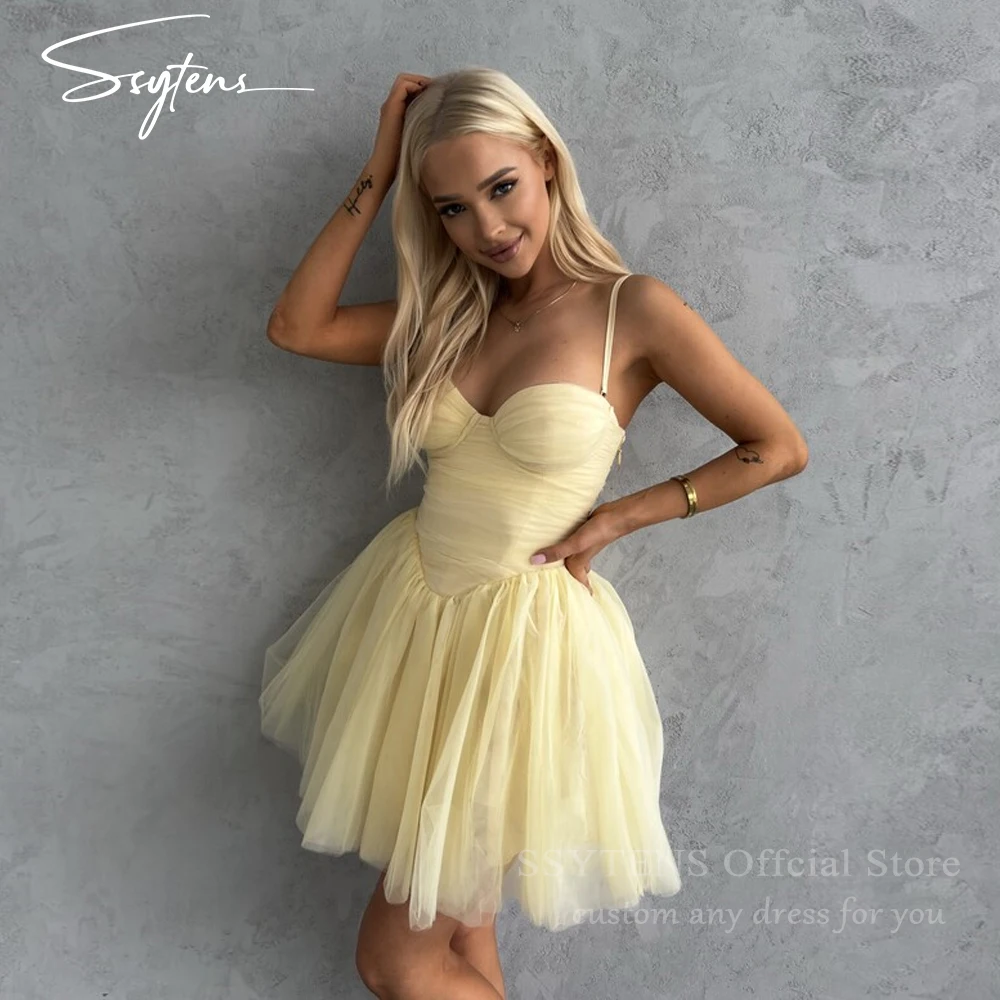 

SSYTENS Yellow Tulle Short Prom Dresses Spaghetti Straps A Line Sleeveless Backless Ball Gowns Birthday Party Dress Customized
