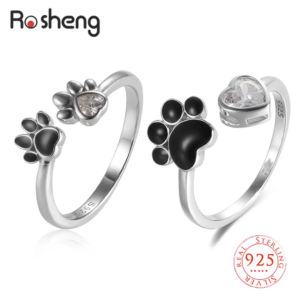 Real Silver 925 Lovely Pets' Dog Paw Pendant Finger Rings with CZ Heart for Women Engagement Adjustable Rings Fine Jewel