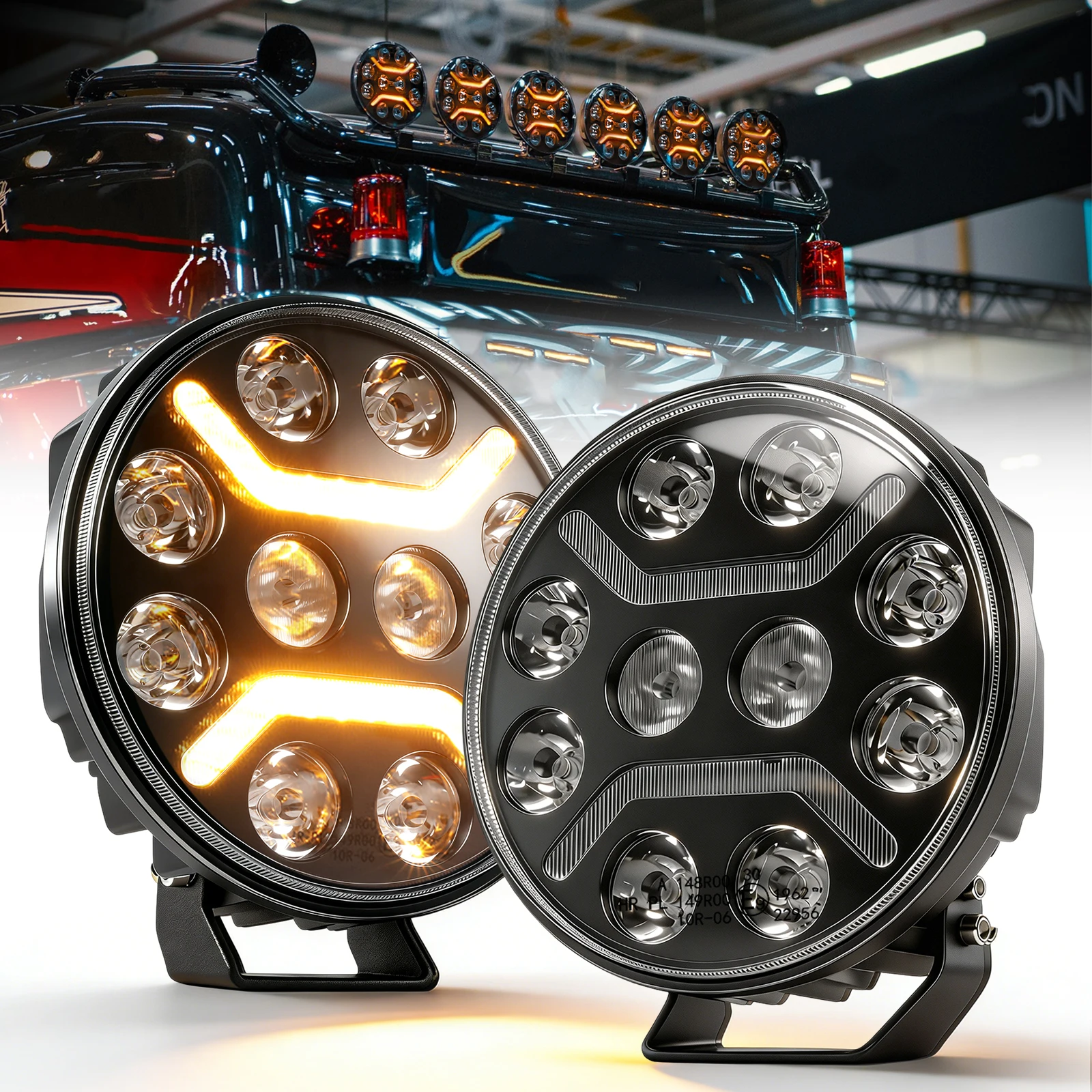 BraveWay 7/9 Zoll Runde LED-Arbeitsleuchte mit Kombinationsstrahl, Amber-Weiß, Dynamisch Fließendes Tagfahrlicht, IP68 Fahrlicht für LKW, SUV, 4x4, UTV, ATV, Schwerlastfahrzeuge, Offroad-Nutzung