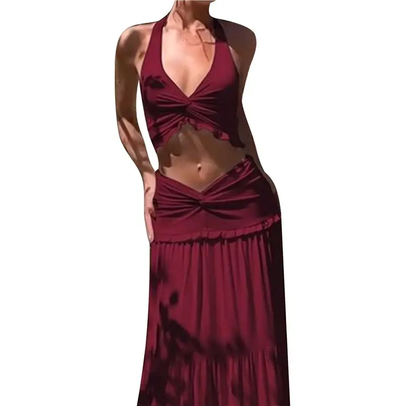 

CYL-Women's Maxi Skirt Set 2 Piece Outfits Sleeveless Strap Top Maxi Skirt Vacation Skirt Set