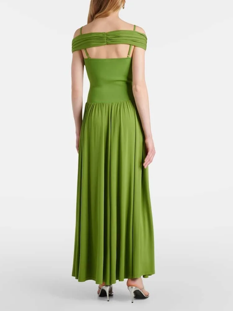 Elegantes grünes schulterfreies gerafftes Mieder-Maxikleid für Damen, Spaghettiträger, Party-Resort-Kleider, 2025, neue Sommer-Vestidos