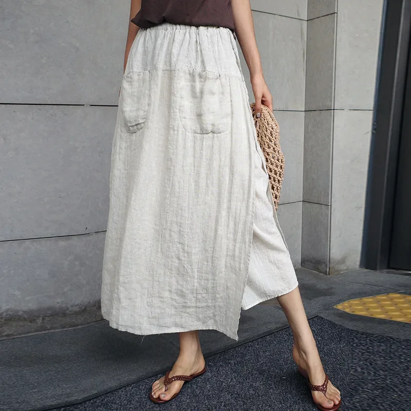 Vintage Women\'s Summer Pants 100% Linen Wide Leg Pant Skirt Pocket Elastic High Waist Loose Casual Loose Trousers Female Bottom