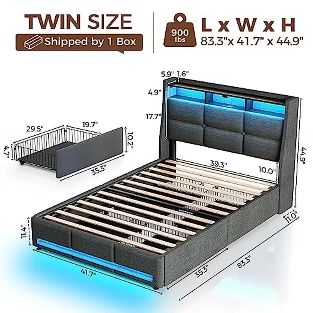 Twin Size LED Light Bed Frame with Charging Station Upholstered Headboard & Drawers Gray-Linen Fabric Storage Shelves 900 Lbs.