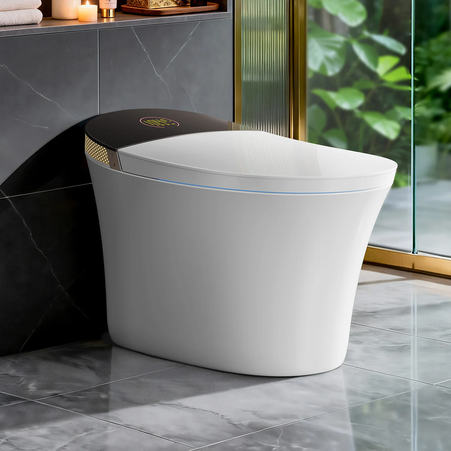

Extra-Large Smart Toilet for Spacious Bathrooms Bidet Heated Comfort-Height Seat Auto Lid Warm Wash Dryer Foam Shield UV Remote
