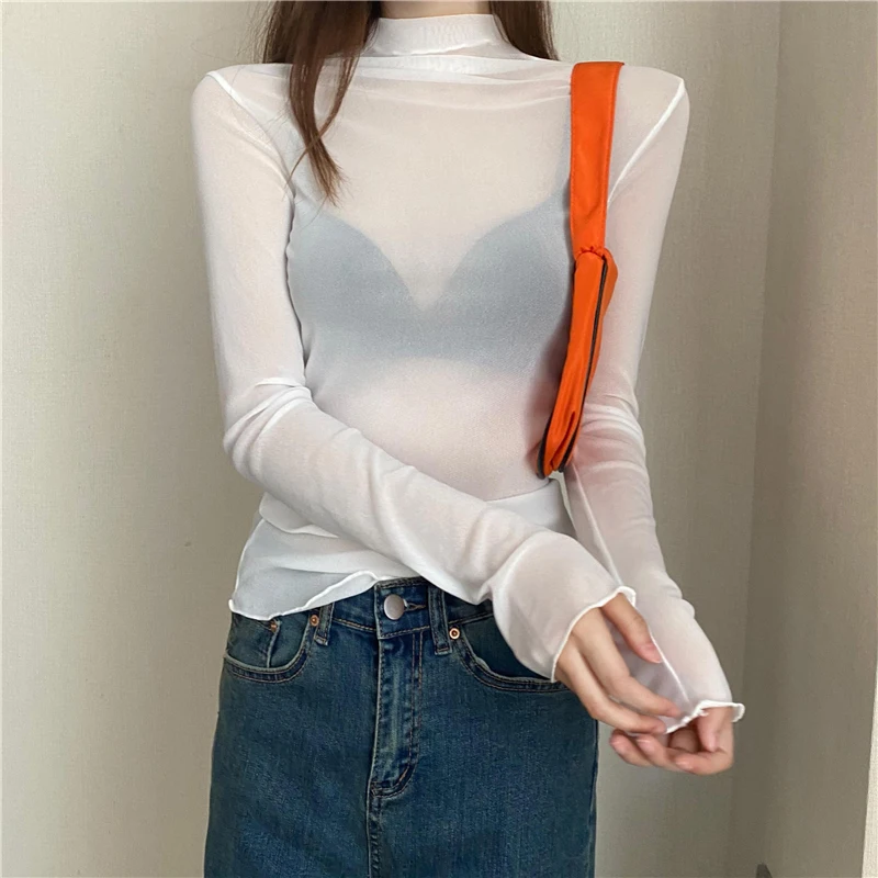 2023 New Girls Mesh T Shirts Tees Female Spring Summer Transparent Full Sleeve Turtleneck Thin Shirt Tops Undershirts Women Gift