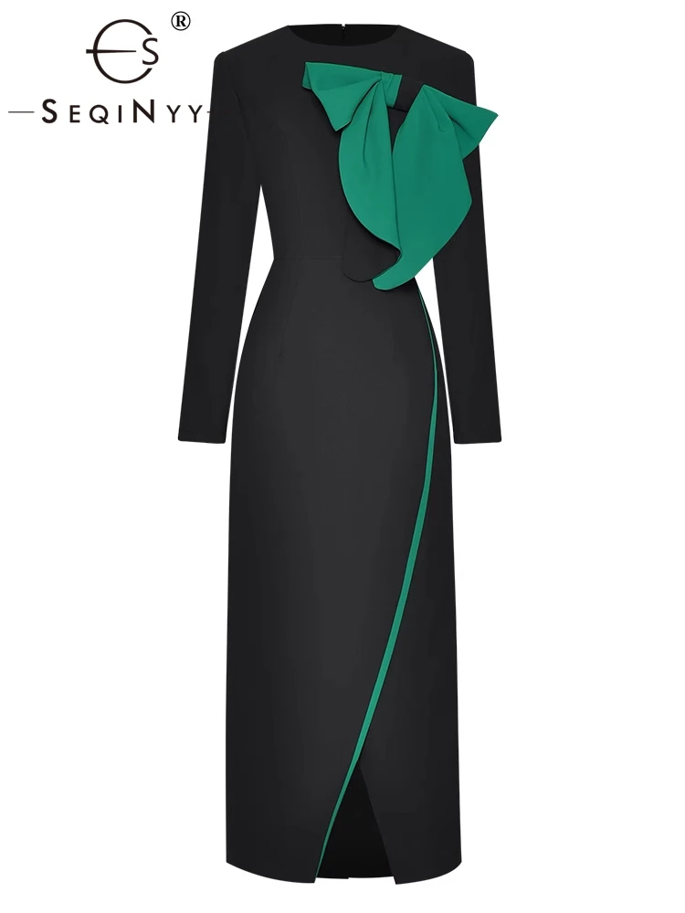 

SEQINYY Elegant Midi Dress Spring Autumn New Fashion Design Women Runway High Street Contrast Color Bow Slim Office Lady