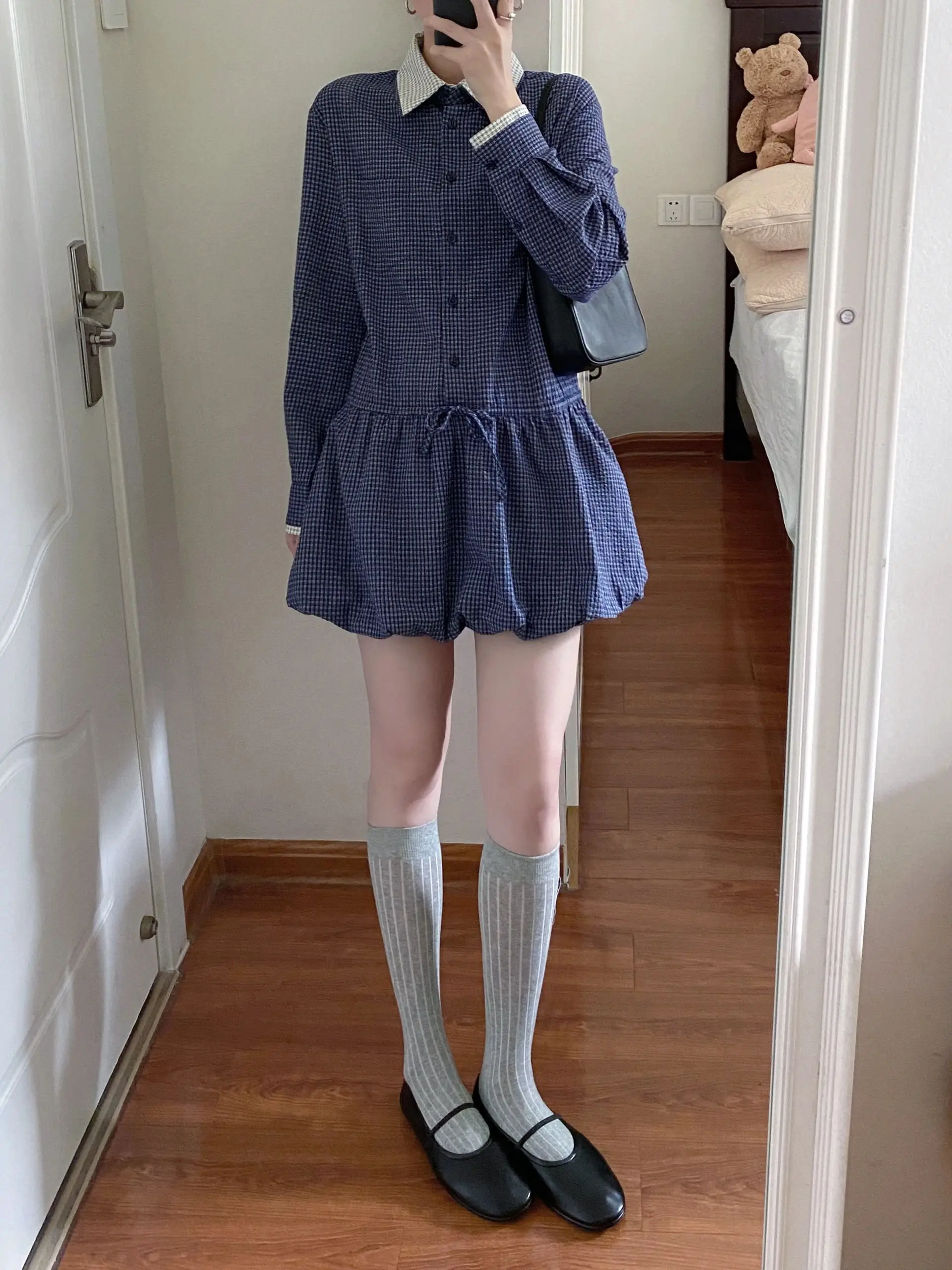 Retro Plaid Dress Women's Autumn Design Sense Drawstring Waist Slim Long Sleeve Flower Bud Short Skirt Fake Two-Piece Dress