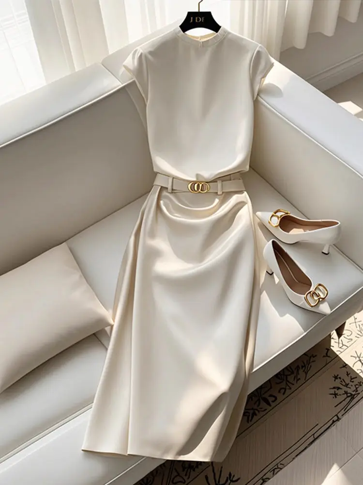

New High End Fashion Two Piece Sets Women Summer Elegant Solid Color Blouse Top + A-line Skirt Fashion Women's Suit Office Lady