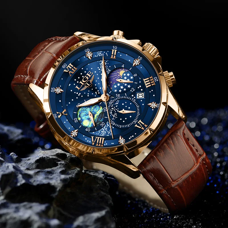 LIGE Creative Mens Watches The Starry Night Paintings Dial Quartz Wristwatches Luminous Star Moonswatch  Watch Men Chronograph