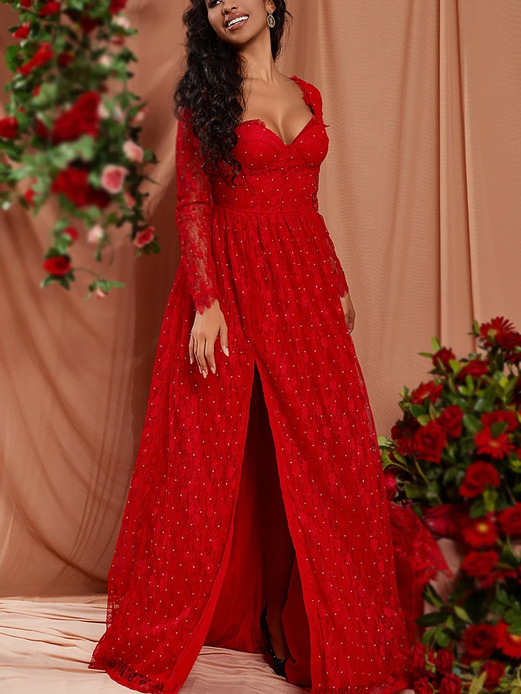 Women Evening Dresses Long Sleeve Elegant Square Collar Red Prom Party Dress Long A-line Wedding Guest Evening Dress Graduation