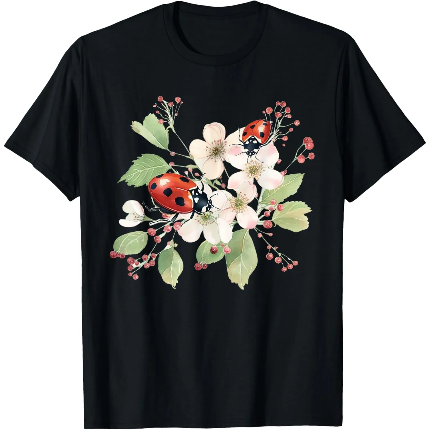 Cottagecore Floral Cute Ladybug Aesthetic T-Shirt Breathable Short Sleeve Round Neck Tee ﻿
