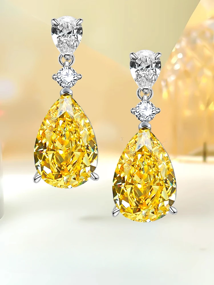 

Water Drop Yellow Diamond Earrings 925 Sterling Silver Inlaid with High Carbon Diamond Light Luxury Earrings with A High Sense