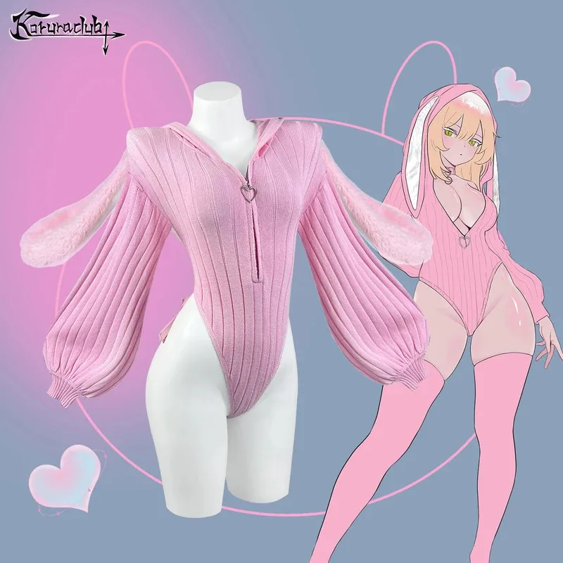 KORURACLUB ชุดจั๊มสูทแขนยาวถักนิตติ้งสีเทา ลายกระต่ายสีชมพู ตุ๊กตากระต่ายน่ารัก หางกระต่ายนุ่ม