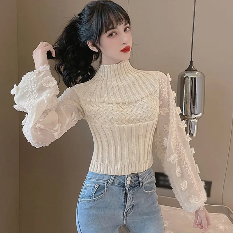 Elegant Mesh Stitching Chiffon Shirt Women Super Fairy Bubble Sleeve High Neck Tight Slimming Short Sweater Knitted Sweater