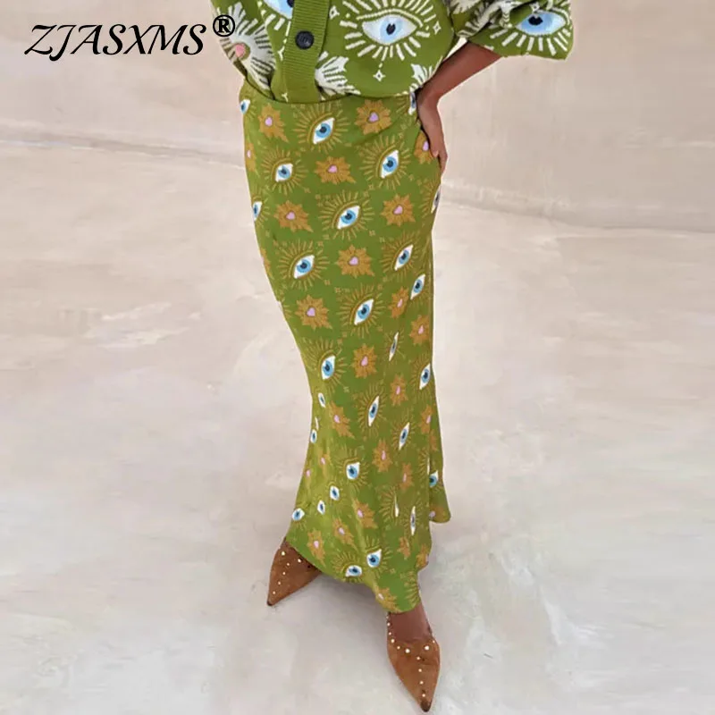 Vintage Pattern Print High Waist Maxi Skirts for Woman Elegant Slim Bodycon Skirt Spring Autumn Fashionable Long Skirts Harajuku