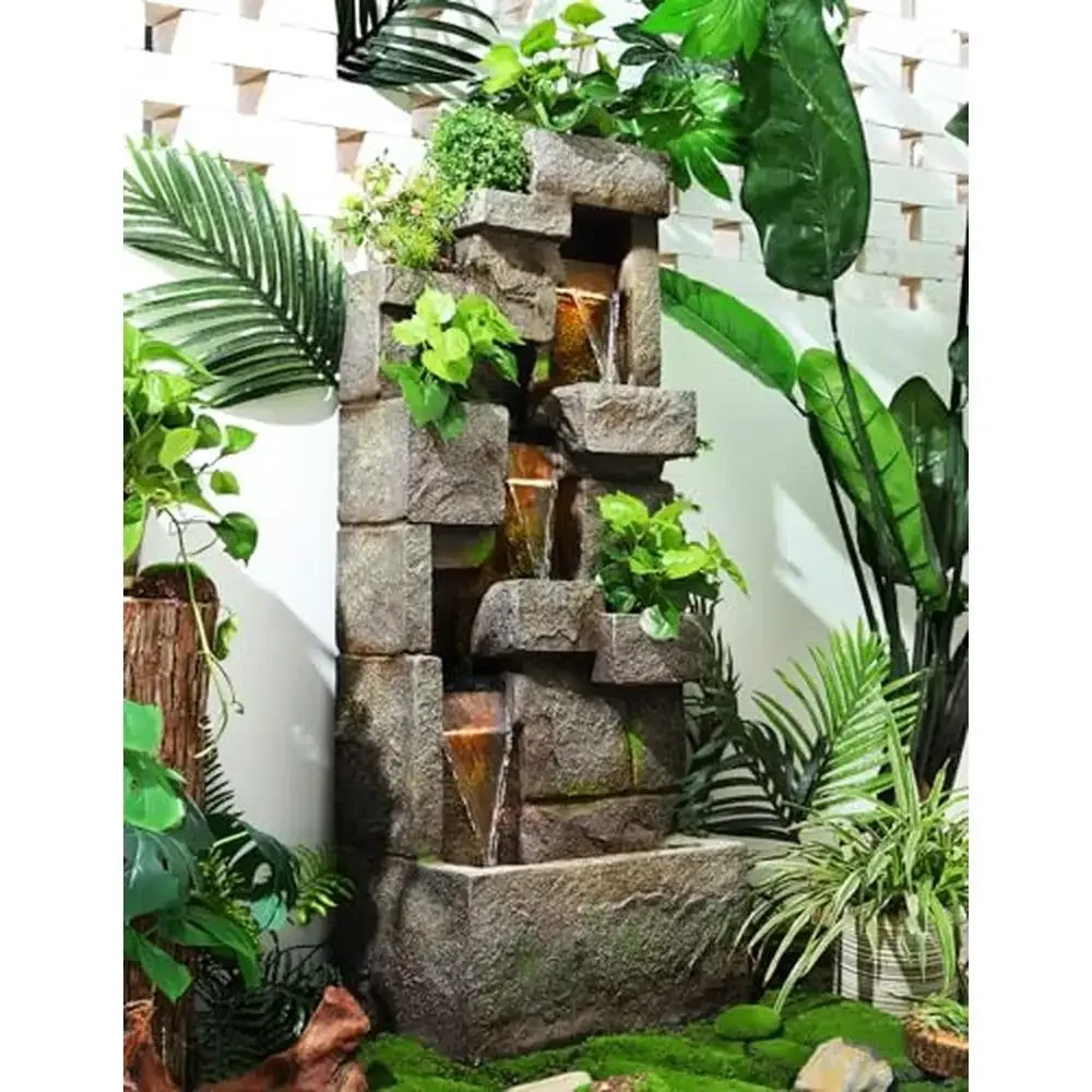 

Outdoor Water Fountain 48.6" Floor-Standing Modern 3 Tier Waterfall with LED Lights Durable Rock Design Planted Decoration