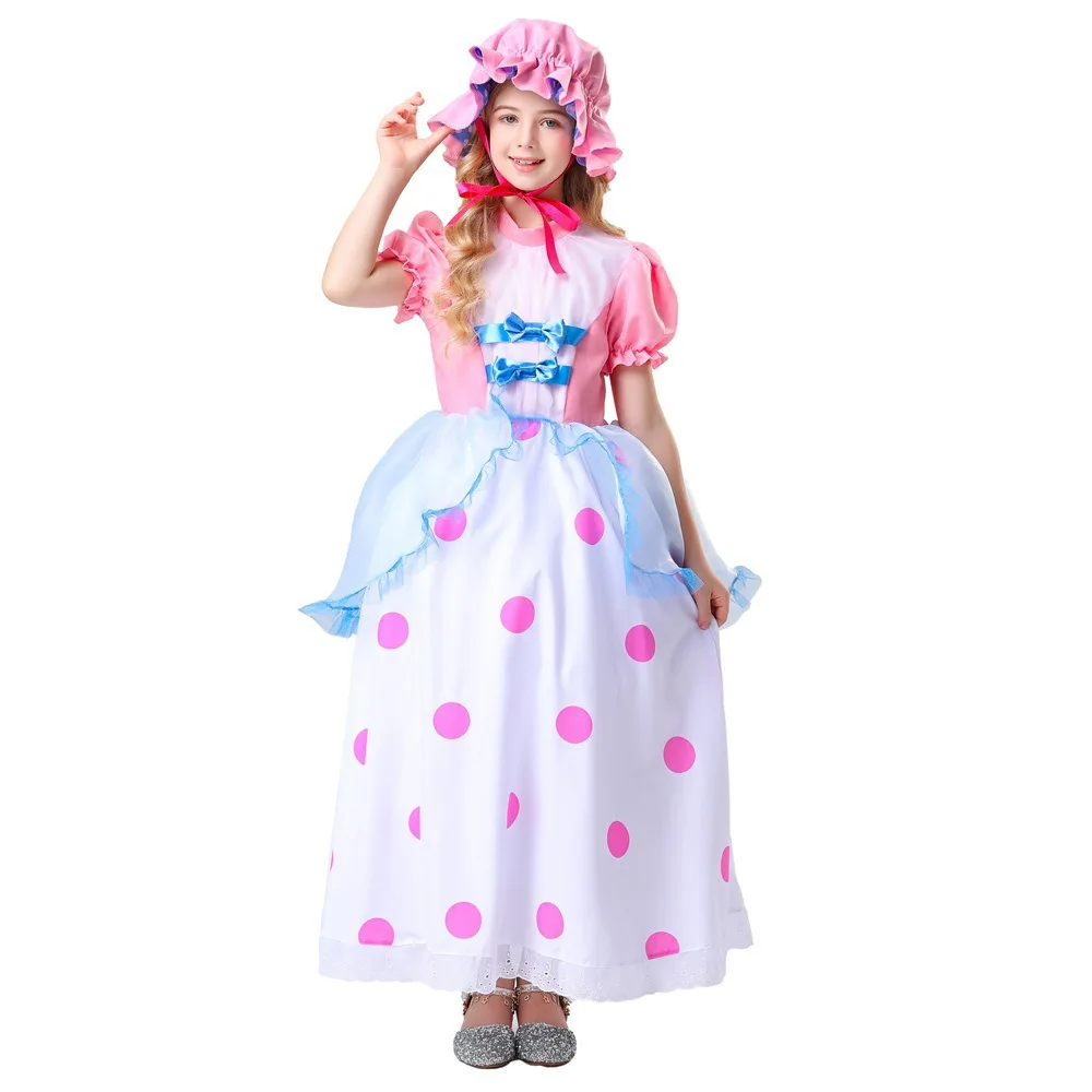 

Children Cartoon Costume Cosplay Polka Dot Shepherd Disguise Performance Costume Pink Headgear Long Skirt Set Dress