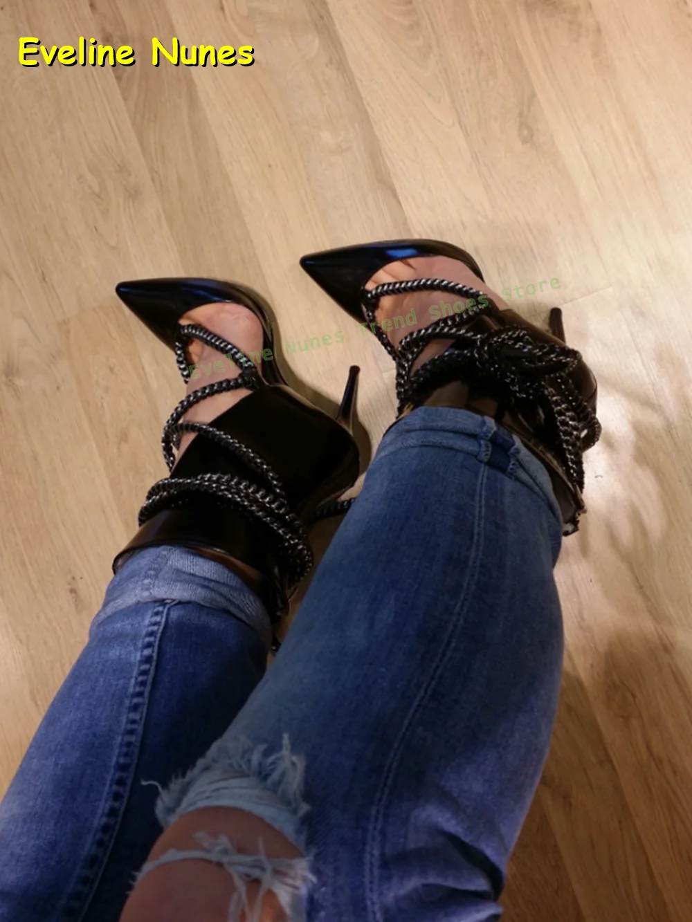 Sexy Chain Strap Pointed Toe Heels Women's Black Patent Tassel Decor Ankle Wrap Club Party Fashion Pumps Streetwear 2026 Summer
