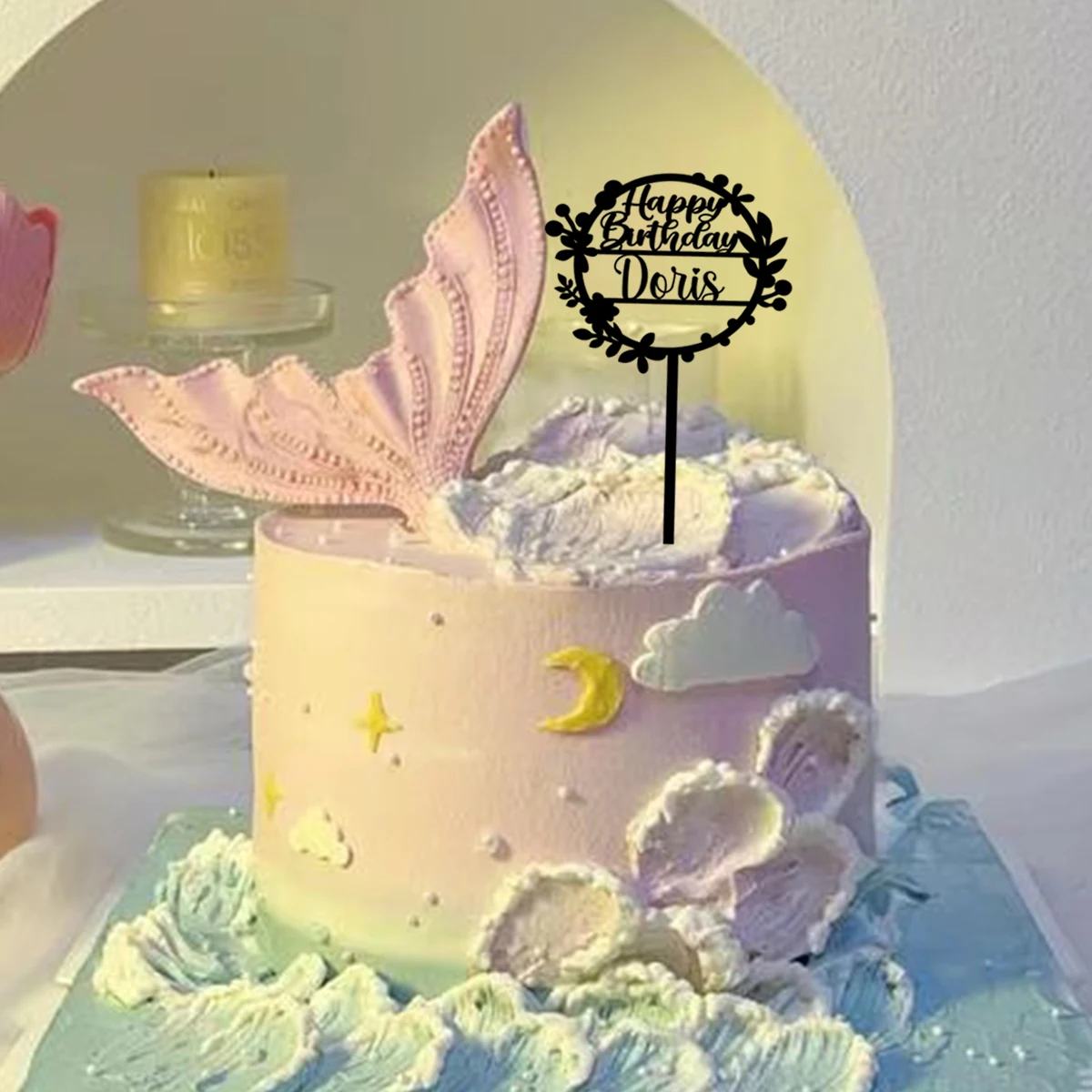 

1PC Cool flower with leaves Customized Name Cake Topper Cake Ornaments Birthday Party Cake Decoration