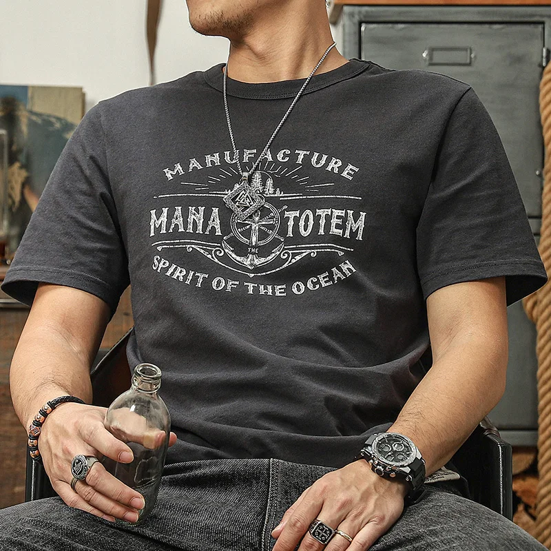 Retro Men's T-Shirts Short Sleeve Pure Cotton Round Neck Boat Steering Wheel Print Summer Casual Man T Shirt