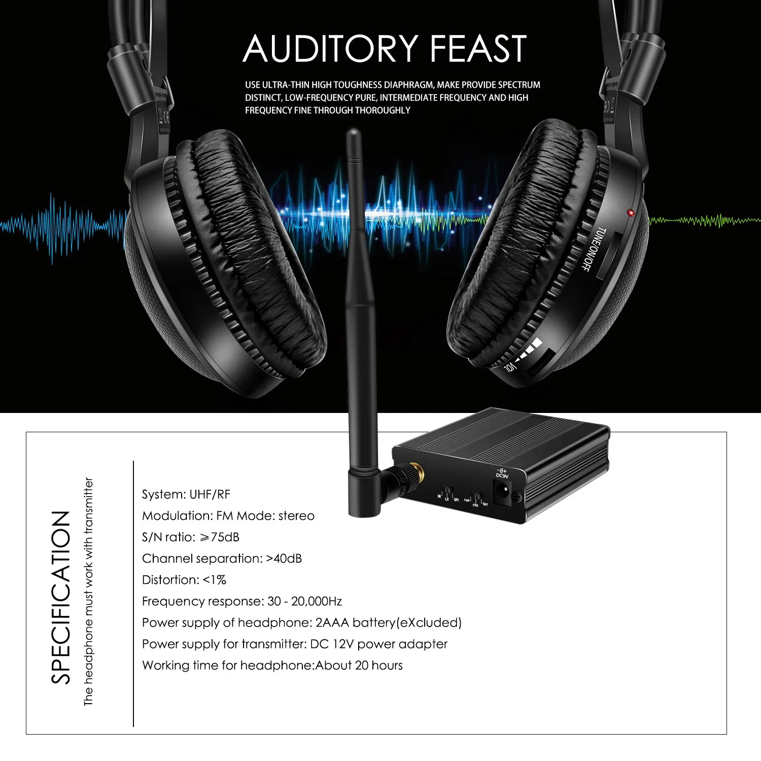 350m RF Wireless Silent Disco Headphones - 4 Classical Receivers + 1 Transmitter