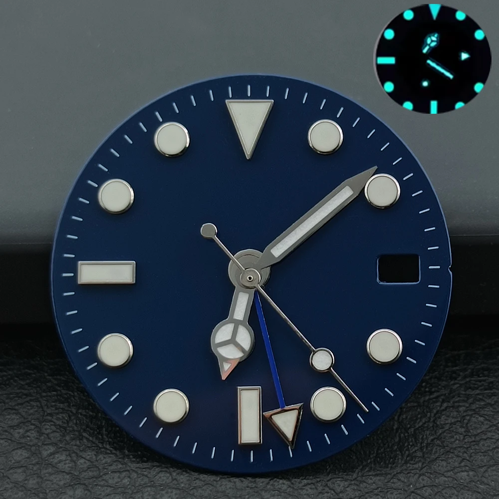 NH34/NH35 single calendar movement dial GMT 28.5mm black sterile watch dial blue-green luminous watch dial watch accessories