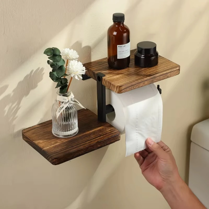

1pc Wooden Wall Mounted Bathroom Wallpaper Rack Toilet Paper Roll Holder Black Hanging Tissue Roll Dispenser Kitchen Accessories