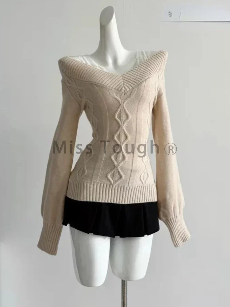 Winter Korean Fashion V-neck Knitted Tops Women Vintage Chic Long Sleeve Solid Slim Sweater Female Casual Elastic Thin Knit Top