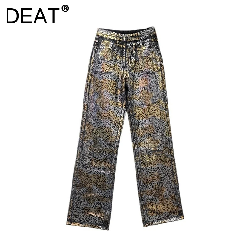 DEAT Women's Coated Jeans Leopard Printed High Waist Straight Wide Leg Lated Denim Pants 2025 New Fashion Spring 11A01982