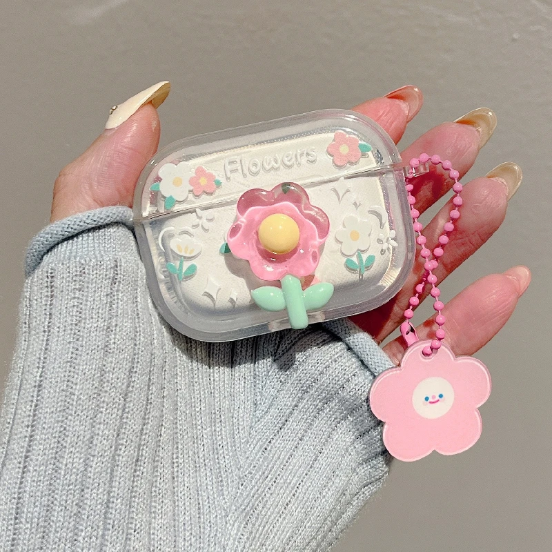 Funda de lujo con flores 3D para AirPods Pro 2, carcasa transparente para auriculares con Bluetooth, colgante de Smiley, llavero, 1, 2, 3