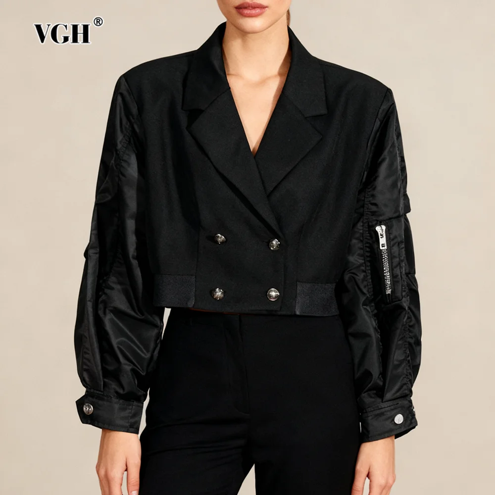 

VGH хитовая цветная короткая пригородная куртка для женщин с лацканами и длинными рукавами на молнии, свободная модная женская куртка 2026, весенняя одежда