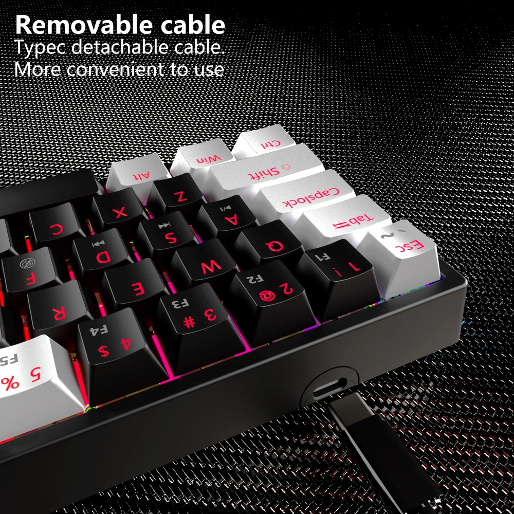 MUCAI MK61 USB Gaming Mechanical Keyboard Red Switch 61 Keys Wired Detachable Cable RGB Backlit Hot Swappable