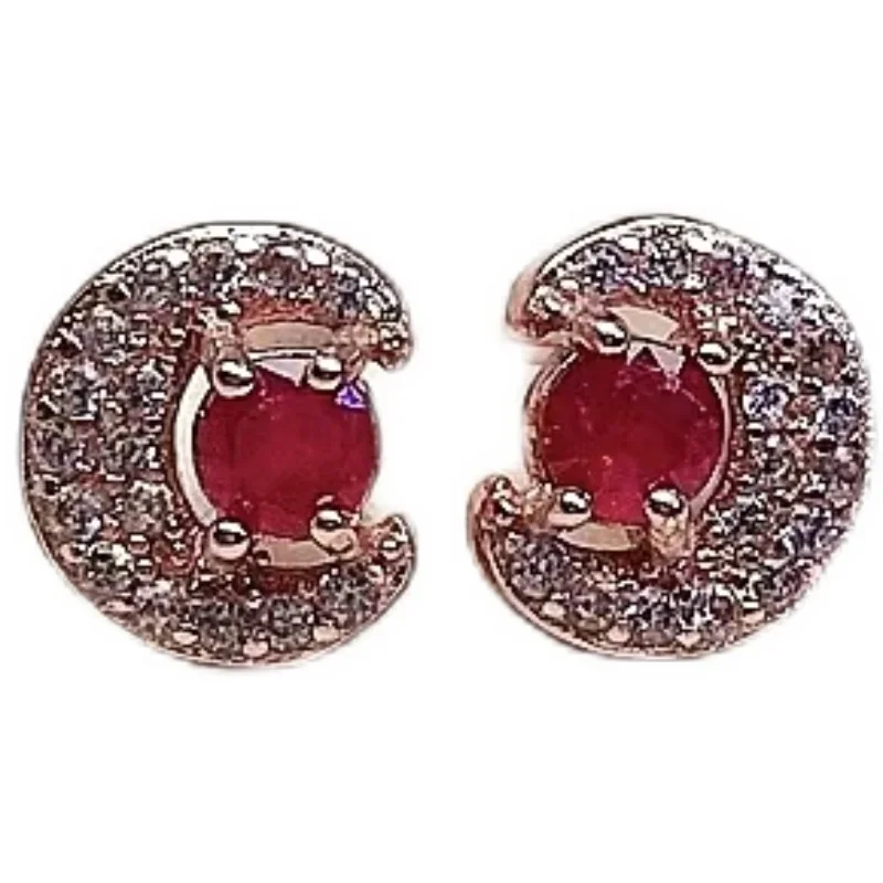 أقراط فضية صغيرة على شكل قمر مرصعة بالأحجار الكريمة 3 مللي متر 100% أقراط من الفضة الياقوت الطبيعي الصلبة 925 أقراط روبي الفضية