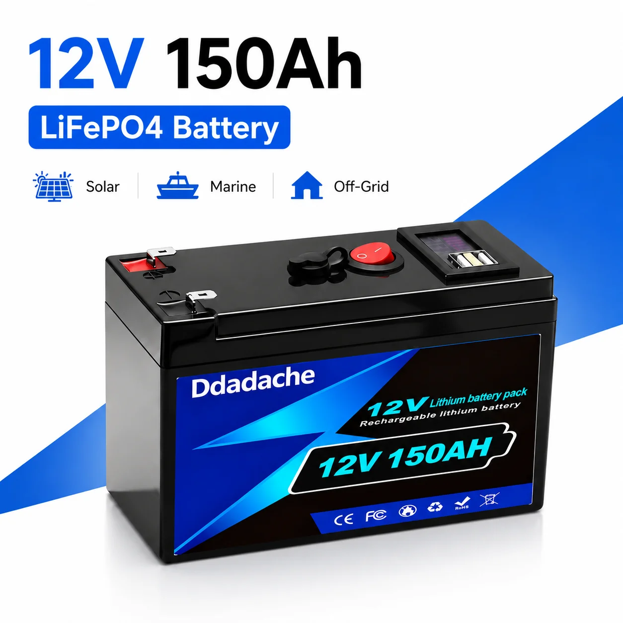 Premium 12V 150Ah LiFePO4 Batterie 1920Wh Deep Cycle Lithium-Eisenphosphat mit BMS-Schutz für Heim-Solarsysteme, Wohnmobile, Camper und Marine