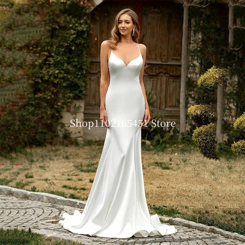 Robe de Mariée Sirène en Crêpe Simple, Tenue de Plage en Fibre Spaghetti, Style Bohème, Dos aux, pour les Patients, Quelle que soit la Taille, Personnalisée