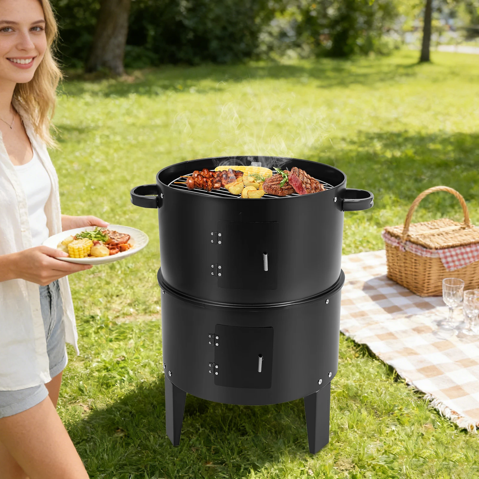 Barbecue, fumoir et four 3 en 1, barbecue au charbon de bois multifonctionnel portable pour la cuisine en plein air, le fumage, le braisage, les pique-niques et le camping