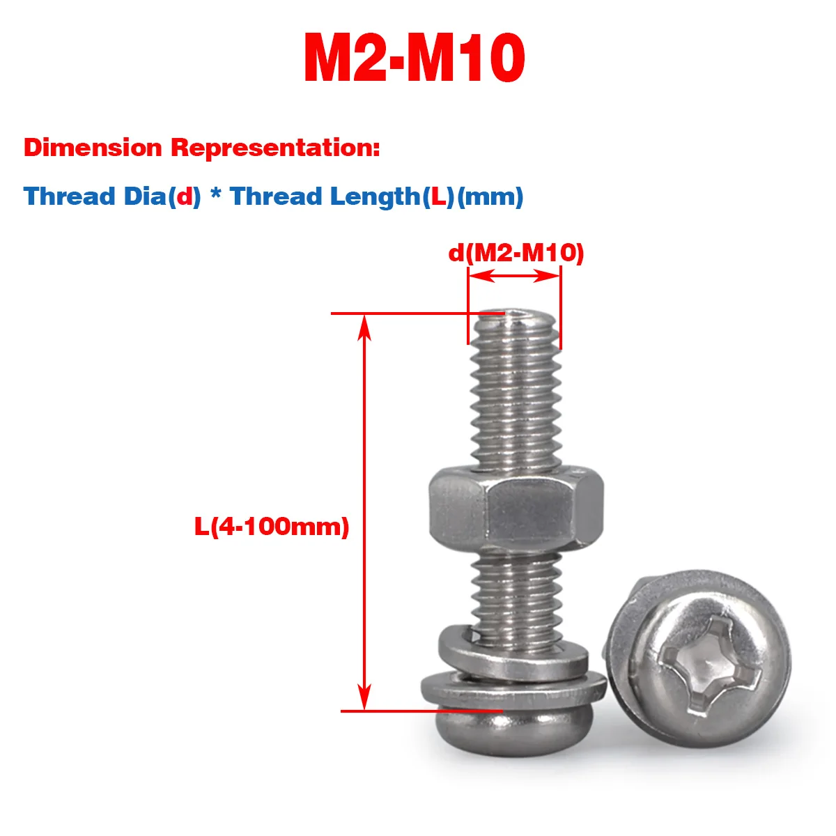 

304 SS Round Head / Pan Head Phillips Screw Nut Flat/Spring Washer Set